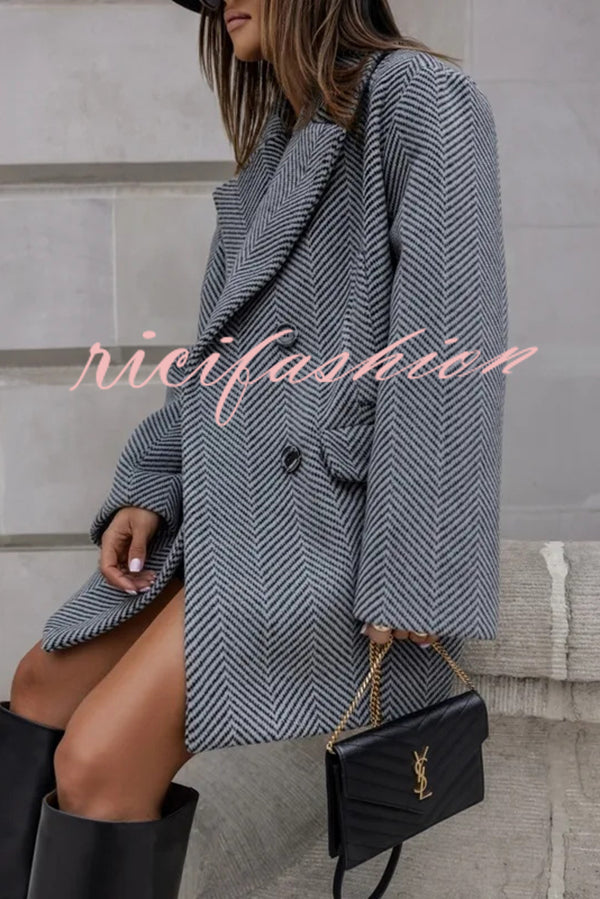 Fashion Stripe Print Lapel Pocket Coat