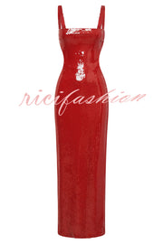 Eye Catching Sequin Cutout Waist Wide Strap Bacakless Maxi Dress