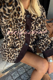 Warm Feel Colorblock Leopard Print Plush Button Up Pocketed Teddy Jacket