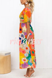 Floral Frenzy Printed Puff Sleeve Back Smocked Maxi Dress