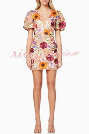 Garden Gala Embroidered Floral Applique Puff Sleeve Mini Dress