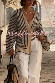 Comfortable and Effortless Striped Long Slit Sleeve Button Relaxed Loose Blouse