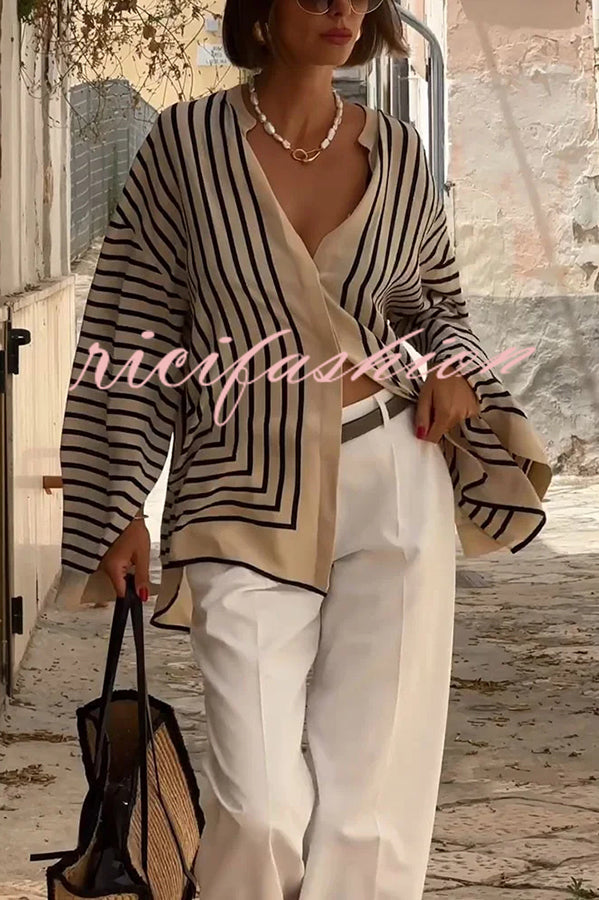 Comfortable and Effortless Striped Long Slit Sleeve Button Relaxed Loose Blouse