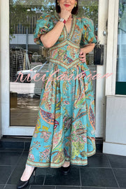 Chic Vacation Linen Blend Unique Print Button Puff Sleeve Pocket Maxi Dress