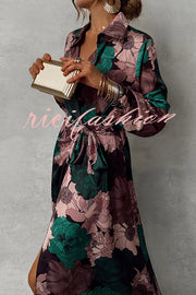 Floral Print Lapel Waisted Lace-up Long-sleeve Maxi Dress