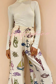 Sail Away Satin Unique Nautical Motifs Print Elastic Waist Pocketed Wide Leg Pants