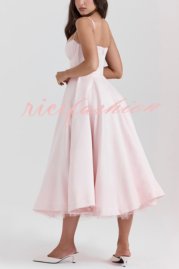 Fairytale Vibe Satin Patchwork Tulle Sweetheart Neck Pocket Stretch Midi Dress