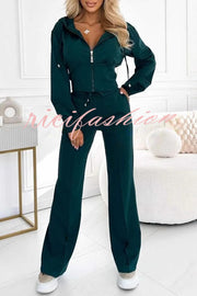 Solid Color Hooded Zip-up Jacket and Elastic Waist Pocket Wide-leg Pants Set