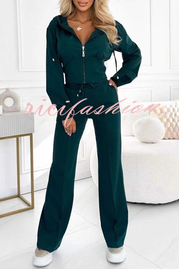 Solid Color Hooded Zip-up Jacket and Elastic Waist Pocket Wide-leg Pants Set