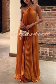 Luxurious Atmosphere Satin Halter Neck Backless A-line Gown Maxi Dress