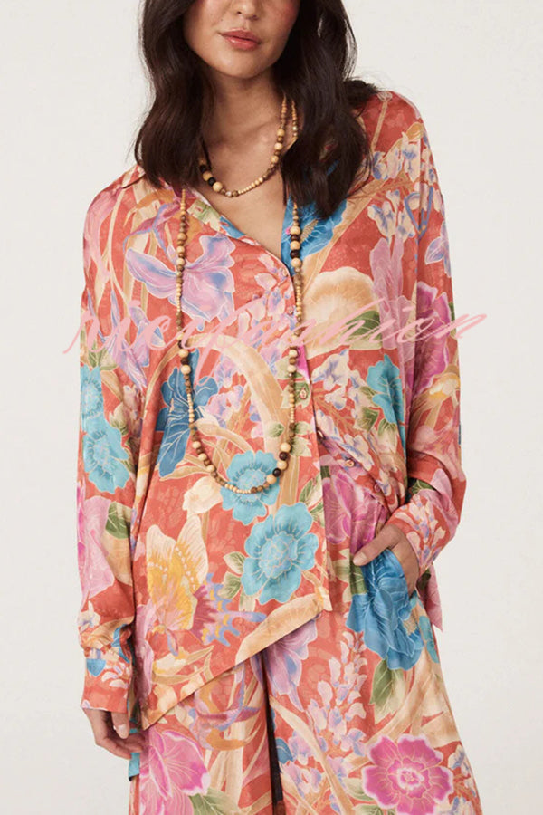 Painter's Garden Boho Floral Print Button Long Sleeve Relaxed Blouse