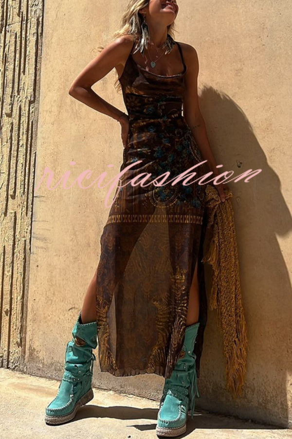 Gypsy Style Unique Print Cowl Neck Back Lace-up Slit Midi Dress