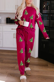 Christmas Sequin Print Long Sleeve Top and Elastic Waist Tie Pocket Pants Set