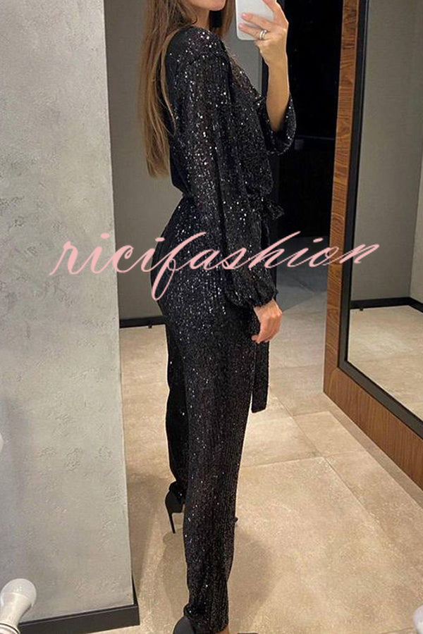 Cheers To You Sequin Long Sleeve Belted Wrap Loose Jumpsuit