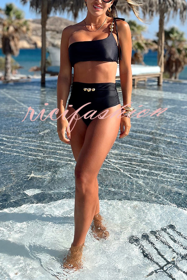 Solid Color One-shoulder High Waist Stretch Bikini Swimsuit