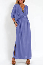 Ultimate Comfort Elastic Waist Half Sleeve Pocketed Slit Maxi Dress