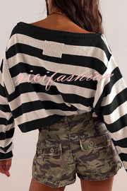 Striped Print Crew Neck Long Sleeve Loose Knitted Sweater