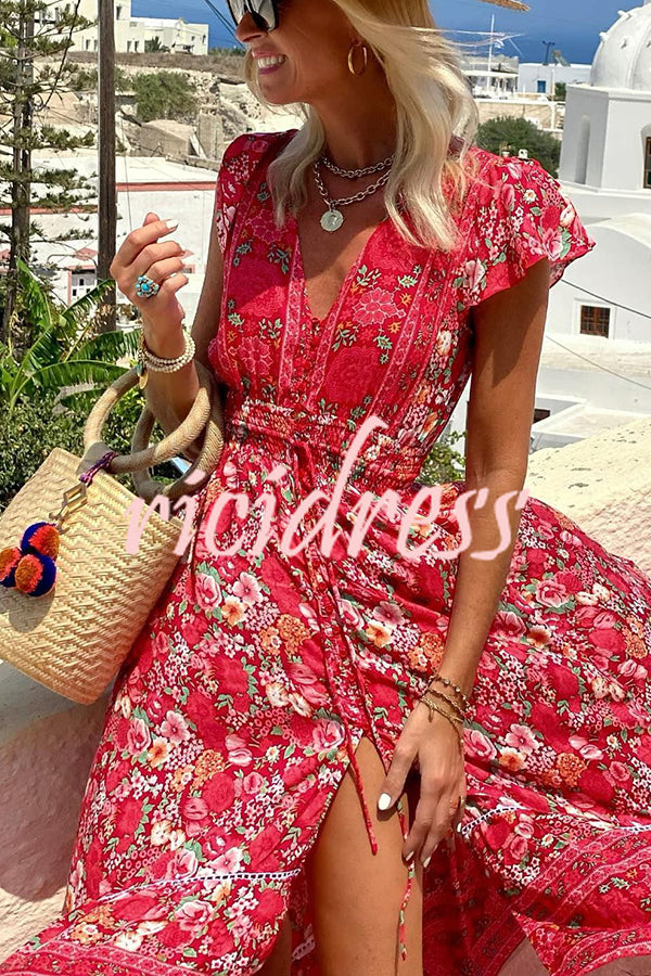 Summer in Greece Boho Print Ruffle Sleeve Elastic Waist High-low Midi Dress