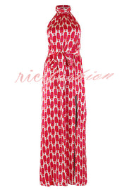 Unique Printed Sleeveless Halterneck Tie-waist Slit Maxi Dress