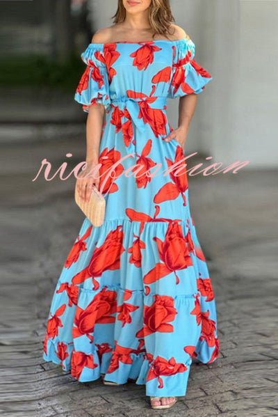 Floral Print Waist Belted Slim Fit Off The Shoulder Maxi Dress