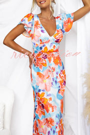 Say I Do Satin Floral Print Cap Sleeves Maxi Dress