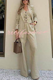 Solid Color Lapel Blazer + Slim Waistcoat and Pocket Wide-leg Pants Three-piece Set