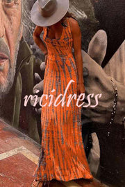 Modern Day Tie-dye Print Back Lace-up Stretch Maxi Dress