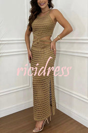 Stunning Gaze Knit Texture Ring Side Waist Cutout Stretch Maxi Dress