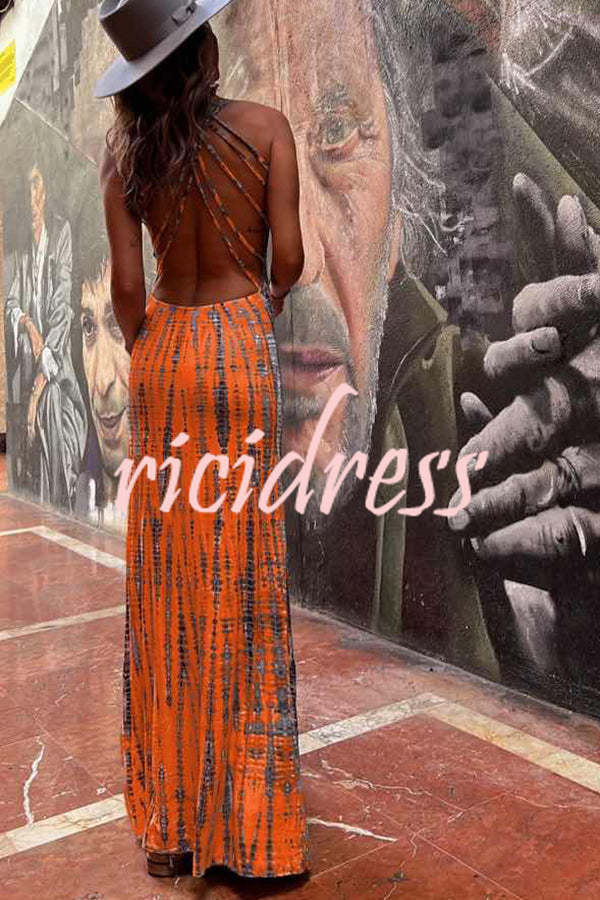 Modern Day Tie-dye Print Back Lace-up Stretch Maxi Dress