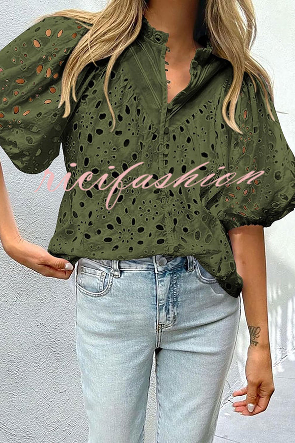 Hollow Embroidered Lace V-neck Buttoned Lantern Sleeve Blouse