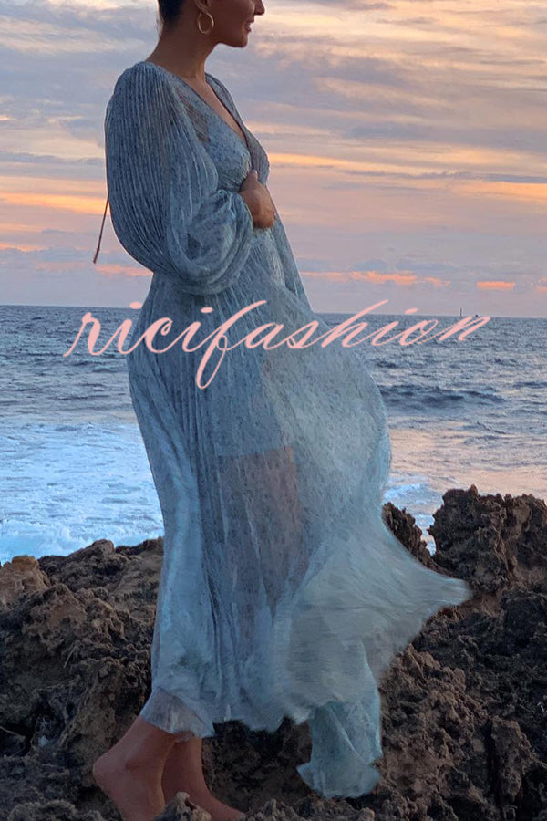 Dreamy Seaside Floral Balloon Sleeve Pleated Lightweight Maxi Dress