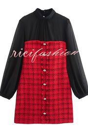 Festive Elegance Tulle Plaid Tweed Patchwork Balloon Sleeve Mini Dress