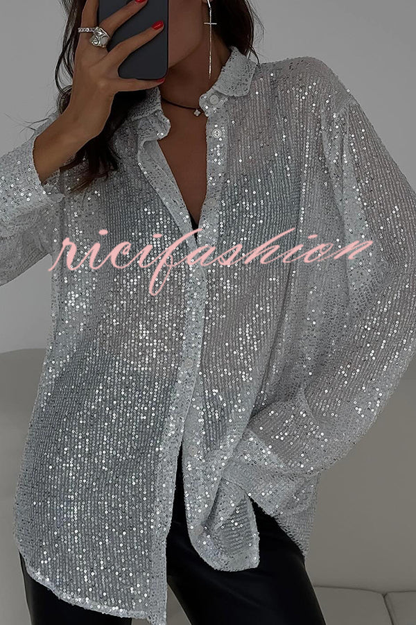 Fashion Sequin Lapel Long Sleeve Loose Shirt