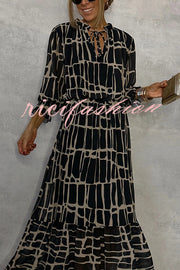 Unique Printed V-neck Tie-up Waist Long-sleeve Maxi Dress