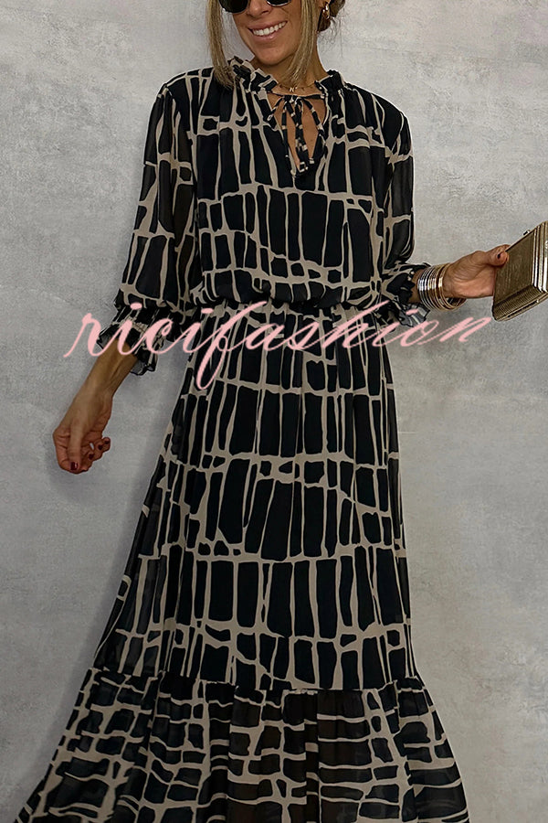 Unique Printed V-neck Tie-up Waist Long-sleeve Maxi Dress