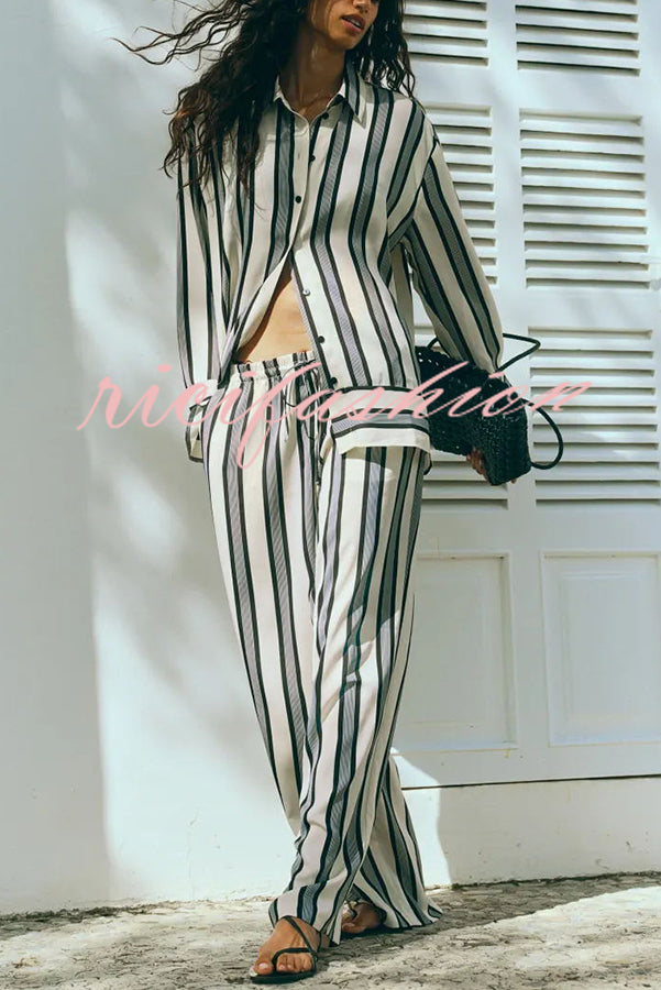 Lifetime of Happiness Striped Long Sleeve Loose Shirt and Elastic Waist Pocket Pants Set