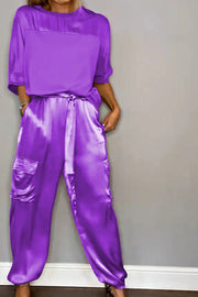 Calissa Smooth Satin Half-sleeved Top and Elastic Waist Pocket Pants Set