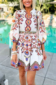 Fun and Vibrant Linen Blend Unique Print Puff Sleeve Pocketed Shirt Mini Dress