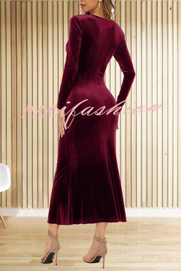 Solid Color Velvet Long Sleeve V-neck Slim Fit Fishtail Maxi Dress