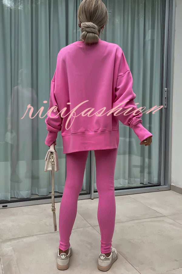 Solid Color Loose Long Sleeve SlitSweatshirt and Elastic Waist Tight Pants Set