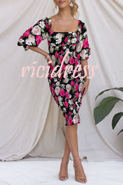 Midnight Beauty Floral Smocked Midi Dress