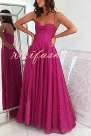 Cinderella Glitter Tulle Fabric Cowl Neck Back Lace-up Pocketed Slit Maxi Dress