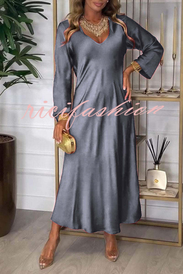 Solid Color V-neck Long-sleeved Loose Draped Maxi Dress