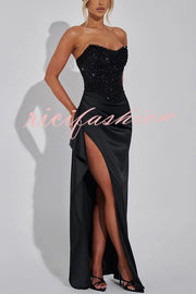 Amazing Dream Sequin Satin Patchwork Off Shoulder Ruffles Drape Slit Maxi Dress