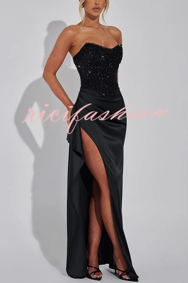 Amazing Dream Sequin Satin Patchwork Off Shoulder Ruffles Drape Slit Maxi Dress