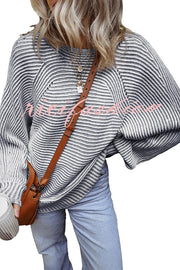 Knitted Striped Round Neck Dolman Sleeve Casual Loose Sweater