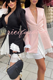 Sherna V-neck Ruffled Patchwork Button Up Long Sleeve Mini Dress