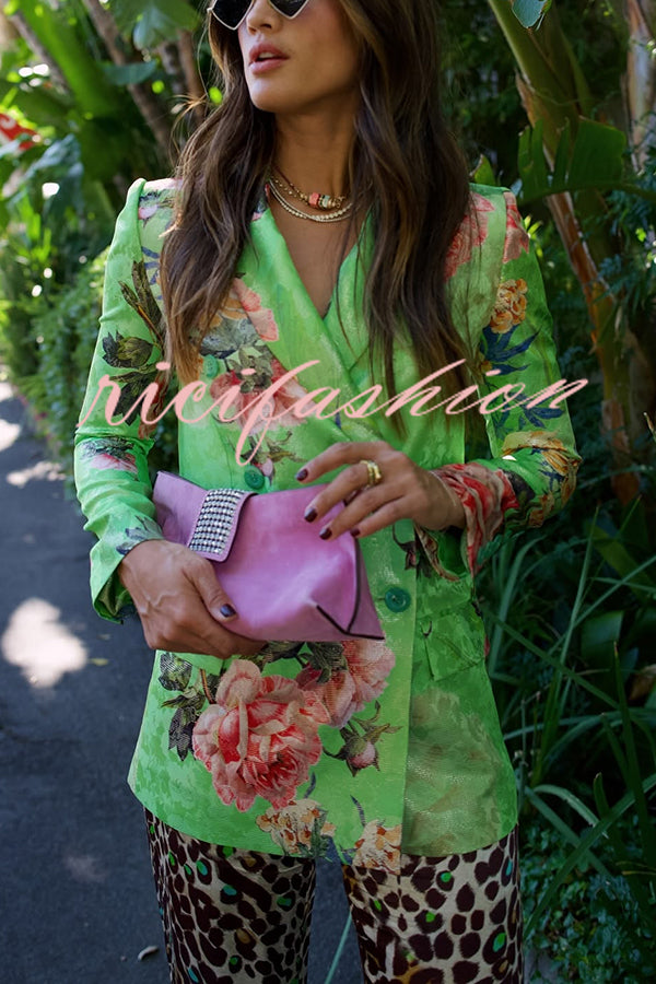 Wild and Free Flowers Printed Button Up Long Sleeve Lapel Blazer