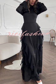 Cline Solid Color High Neck Long Sleeve Elegant Ruffles Maxi Dress