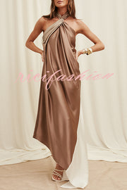 Elegant Whisper Satin Colorblock Halter Asymmetrical Hem Drape Maxi Dress